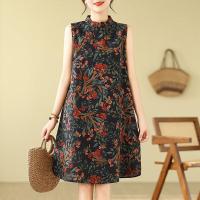 ราคา ชุดเดรสยาวปานกลางสไตล์จีนสำหรับผู้หญิง ทรงหลวม แขนกุด คอตั้ง ทรงเอ เดรสสตรีทแวร์ฤดูร้อน ผ้าฝ้ายลินิน (22036003125)