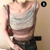 ราคา PM เสื้อซีทรูปาดไหล่ พิมพ์ลายมัดย้อม ผ้ายืด สไตล์วินเทจ (24533377355)