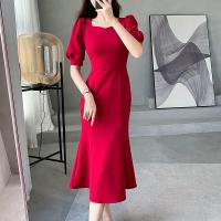 ราคา ชุดเดรสยาวสีแดงทรงเข้ารูปสไตล์ฝรั่งเศส กระโปรงทรงหางปลา แขนพอง ชุดเดรสฤดูร้อนสำหรับผู้หญิง ชุดเดรสสีแดงหรูหรา (24762504311)