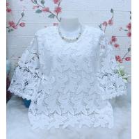 ราคา เสื้อลูกไม้ใส่ทำบุญ เสื้อผ้าสีขาว รอบอก38 42 44 46 48 50นิ้วฟรีไซส์ เสื้อลูกไม้แขนสามส่วน (24624157471)