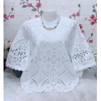 ราคา เสื้อลูกไม้ใส่ทำบุญ เสื้อผ้าสีขาว รอบอก38 42 44 46 48 50นิ้วฟรีไซส์ เสื้อลูกไม้แขนสามส่วน (24624157469)