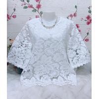 ราคา เสื้อลูกไม้ใส่ทำบุญ เสื้อผ้าสีขาว รอบอก38 42 44 46 48 50นิ้วฟรีไซส์ เสื้อลูกไม้แขนสามส่วน (24624157465)