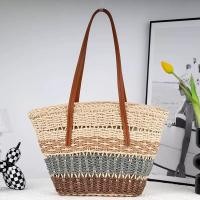 ราคา กระเป๋าสาน ถักลาย เล่นสี ทรงตั้งได้ สายหนัง M278 (21547198460)