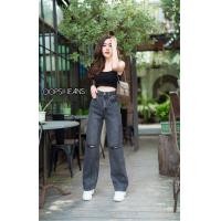 ราคา Oopsjeansกางเกงยีนส์ขายาวกระบอกเอวสูง ขาดเข่า สีดำฟอก (5146778379)