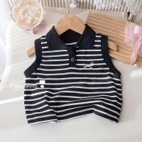 ราคา BAOLONGXIN เสื้อยืดเด็กผู้หญิงเสื้อยืดเสื้อโปโลแขนกุดลายทางปักโบว์ฤดูร้อน (24423432110)