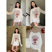 ราคา Cicishop CM2081 เสื้อแขนยาวผ้าโปร่งปาดไหล่ พิพม์ลายเทียนไข เชือกผูกด้านข้าง โอเวอร์ไซส์ (24817499063)