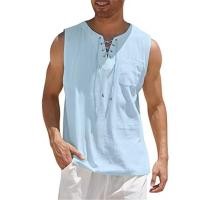 ราคา Mens Casual Vest Cotton Linen Sleeveless Shirts Lace Up Shirts Retro V Neck Tank Tops Loose Shirt Male Solid Color Clothes Vacation Beach Tees (22978045527)
