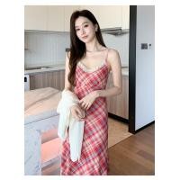 ราคา ชุดเดรส ชุดเดรสกระโปรงยาว ลายสก๊อต อกเเต่งลูกไม้ สายเดี่ยว คอวีสลิม 0396 (24654304915)