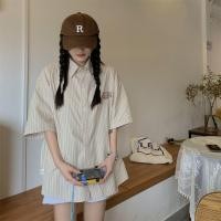 ราคา เสื้อเชิ้ตลายทางวินเทจผู้หญิง แขนสั้น ปักตัวอักษร ทรงหลวม ลำลอง (24832345282)