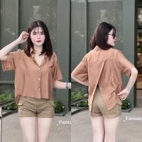 ราคา Sunny เสื้อเชิ้ตแขนสั้นผ่าหลัง ผ้านิ่ม ทรงเก๋ 9 Color เสื้อผ่าไขว้หลัง (22674207599)