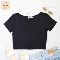 ราคา พร้อมส่ง เสื้อครอปคอเหลี่ยมแขนสั้น เสื้อ ครอป เสื้อสาวอวบ เสื้อคอเหลี่ยม เสื้อยืด 487 (15807577791)