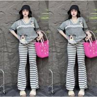 ราคา No Set345 ชุดเซ็ท2ชิ้น เสื้อแขนสั้น กางเกงขายาว คอวีแต่งระบายลูกไม้ กางเกงขาม้าลายขวาง ชุดเซ็ทแฟชั่น (24825917411)