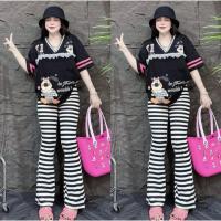 ราคา No Set345 ชุดเซ็ท2ชิ้น เสื้อแขนสั้น กางเกงขายาว คอวีแต่งระบายลูกไม้ กางเกงขาม้าลายขวาง ชุดเซ็ทแฟชั่น (24825917413)