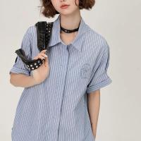 ราคา เสื้อเชิ้ตแขนสั้นลายทางสีฟ้าสำหรับผู้หญิง ทรงหลวม ดีไซน์เก๋ไก๋ สไตล์เกาหลี ปักลาย เสื้อเชิ้ตทรงสลิมฟิต (24600213921)