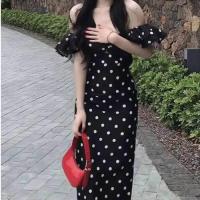 ราคา ชุดเดรสยาวคลุมเข่าลายจุดสีดำขาวหรูหราสำหรับงานวันเกิด เดรสยาวคลุมเข่าสไตล์วินเทจ เดรสยาวคลุมเข่าแบบเกาะอก ชุดคลุมไหล่ (24527230139)