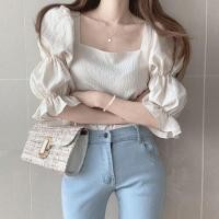 ราคา เสื้อเชิ้ตแขนพองสไตล์ฝรั่งเศสย้อนยุคสำหรับผู้หญิง ทรงเข้ารูป คอเหลี่ยม แขนกุด สีพื้น เสื้อเชิ้ตคอเหลี่ยมสไตล์ฝรั่งเศสที่หรูหรา (24815317169)