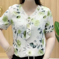 ราคา เสื้อเชิ้ตผ้าชีฟองลายดอกไม้แขนสั้นสำหรับผู้หญิง แฟชั่นฤดูร้อน 2025 ใหม่ เสื้อแขนสั้น สไตล์เกาหลี ทรงหลวม ปกโปโล เสื้อผ้าทำงาน (24941036181)