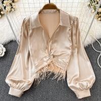 ราคา Kaekai พร้อมส่ง เสื้อครอป แขนยาว คอปก สไตล์เวียดนาม ทรงมัดไขว้อกชายแต่งขนปุย แกรมมาก ผ้าซาติน ใส่แล้วดูหรูดูแพง (24362429539)