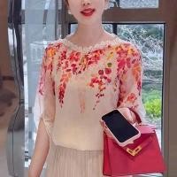 ราคา NIkyLundun เสื้อผ้าผู้หญิงยอดนิยมเสื้อคอเดียวสไตล์ฝรั่งเศสเสื้อชีฟองแบบบางสไตล์จีนทรงหลวมลายดอกไม้เล็กๆฟอง (24422073355)