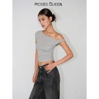 ราคา MOSESQUEEN Black Oblique Neck Off Shoulder T Shirt Womens 2024 Summer New Design Slim fit Short Oblique Shoulder Top 62823 (24336209204)
