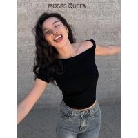 ราคา MOSESQUEEN Black Oblique Neck Off Shoulder T Shirt Womens 2024 Summer New Design Slim fit Short Oblique Shoulder Top 62823 (24336209194)