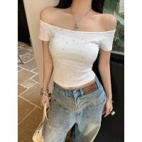 ราคา เสื้อยืดแขนสั้นสีขาวเปิดไหล่ข้างเดียวสไตล์เรโทรสุดฮอตสำหรับผู้หญิง เสื้อเชิ้ตรัดรูปเข้ารูปช่วงฤดูร้อน เสื้อท่อนบนเปิดไหล่สั้นเข้ารูป Womens Clothing (24896332246)
