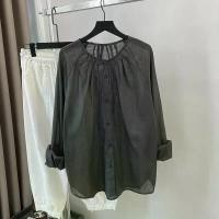 ราคา เสื้อเชิ้ตผู้หญิงคอโปโลแขนยาวผ้าฝ้ายลินินบางเฉียบ ทรงหลวม สีเทา ทรงปกติ ใส่ไปทำงาน ฤดูร้อน 2025 เสื้อเชิ้ตผู้หญิง (24573567389)