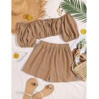 ราคา เสื้อเอวลอย กางเกงขาสั้นเปิดไหล่ชุดสองชิ้นสไตล์ เสื้อผ้าผู้หญิง (20891060954)