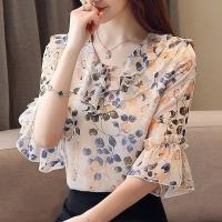 ราคา Short Sleeve Blouse Summer Casual V neck Women Tops Floral Printed Elegant Womens Shirt Fashion Ladies Loose Tops (23910400840)