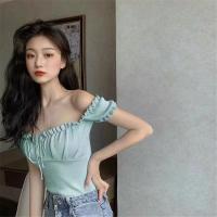 ราคา DXSS เสื้อเปิดไหล่แฟชั่นผู้หญิงคอปาดแขนพองสั้นไร้สายเสื้อครอปครึ่งตัวพื้นผู้หญิงเสื้อยืดเปิดหลังสไตล์เกาหลี (24500728335)