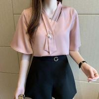 ราคา เสื้อเชิ้ตผ้าชีฟองแขนยาวสำหรับผู้หญิง ทรงหลวม คอวี แขนกระดิ่ง เสื้อเชิ้ตทรงพอดีตัว เสื้อเชิ้ตแขนยาวแบบลำลอง (24532058195)
