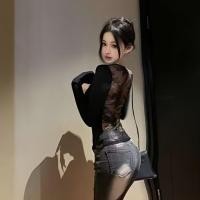 ราคา เสื้อยืดแขนยาว เสื้อแขนยาวซีทรูลูกไม้ สีดำ โชว์หลัง (24612720290)