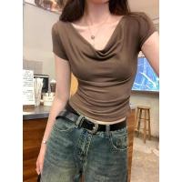 ราคา เสื้อยืดครอป เสื้อยืดแฟชั่น แฟชั่น เสื้อยืดคอปก ปกใหญ่เด่น ้เปิดอกลึก 020268 (24454145008)