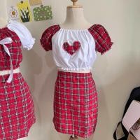 ราคา New Colour ชุดเซ็ตเสื้อลายสก๊อตหัวใจกระโปรง เสื้อปาดไหล่แขนตุ๊กตาFreesize (22816044703)