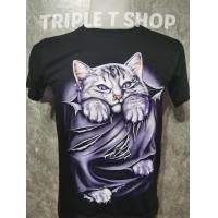 ราคา เสื้อยืดคอกลม สกรีนลายแมวม่วง (8980619584)