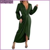 ราคา Womens Satin Wrap Long Dress V Neck Long Sleeve Maxi Dress High Slit Party Dress Cocktail Evening Gown (25042831331)