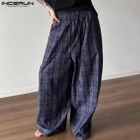 ราคา INCERUN กางเกงขาบานลำลองสไตล์เกาหลีผู้ชายแฟชั่นกางเกงขายาวลายสก๊อต (22304985322)