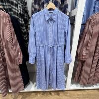 ราคา Uniqlo Womens Autumn 23 Cotton Stripe Long Sleeve Drawstring Waist Shirt Dress 462595 462596 (20199990289)