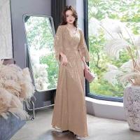ราคา ชุดราตรีคุณภาพสูงสำหรับผู้หญิง ฤดูใบไม้ผลิและฤดูใบไม้ร่วง แขนยาว คอวี กระโปรงทรงเอ ชุดราตรียาว ชุดราตรีสุดหรู (24294372484)