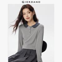 ราคา GIORDANO ผู้หญิง เสื้อโปโลคอปกตุ๊กตาตัดกัน เสื้อโปโลผ้าริบยืดหยุ่น แขนยาว แฟชั่นลำลอง 05315789 (24958371920)