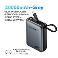 ราคา Vention 20000mAh Power Bank 65W Fast Charging with LED Display 3 Port Built in Type C Cord for Laptop Tablet iPhone 16 15 pro max Samsung Xiaomi Huawei Realme (25510114940)