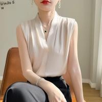 ราคา BALANYANG เสื้อสายเดี่ยวคอวีผ้าซาตินสีขาวหรูหรา (25022512913)