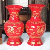 ราคา แจกันสีแดงสด ลายมังกรคู่ เจียใช้ทองเงา เซรามิคเกรดA แข็งแรง หนา ทนทาน ขนาด 6 7 8 10 นิ้ว (24608655680)