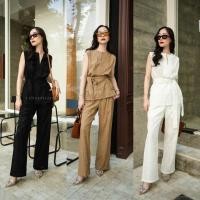 ราคา พร้อมส่ง ชุดเข้าเซท Set เสื้อแขนกุดผ้าลูกไม้ กางเกงขายาว เชือกผูกเอว งานป้ายVshop (21816989629)