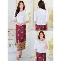 ราคา ชุดเสื้อไหมอัดผ้ากาว ทรงญาญ่า ซิปซ่อนหลัง เสื้อ ผ้าถุงป้ายฟรีไซด์ติดตะขอ (22707192530)
