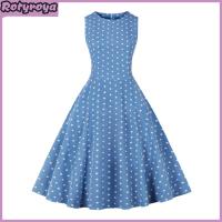 ราคา Women Party Dress Dot Print O Neck Sleeveless A line Big Swing Tight Waist Retro Back Zipper Breathable Prom Banquet Summer Midi Dress (25040310300)