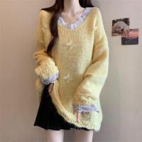ราคา RUIHUAN เสื้อถักคอวีสีครีมเหลืองลายลูกไม้ แขนยาว ไซส์ใหญ่ (25054174472)