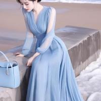 ราคา ชุดเดรสยาวผ้าชีฟองสีน้ำเงินหรูหรา ทรงหลวม แขนยาว คอวี ทรงหลวม ฤดูใบไม้ผลิและฤดูร้อน ชุดทำงานสุดหรู (24993105166)