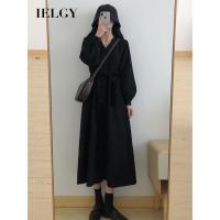 ราคา IELGY ชุดเดรสแขนยาวสำหรับผู้หญิงผ้าลูกฟูกสไตล์ฝรั่งเศสสีดำ (20196790067)
