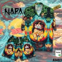 ราคา เสื้อฮาวาย ชุดเซตฮาวาย แมวแว่นดำหมวกห่วงยาง A1463 ผ้าไหมอิตาลีแท้ (24415040770)